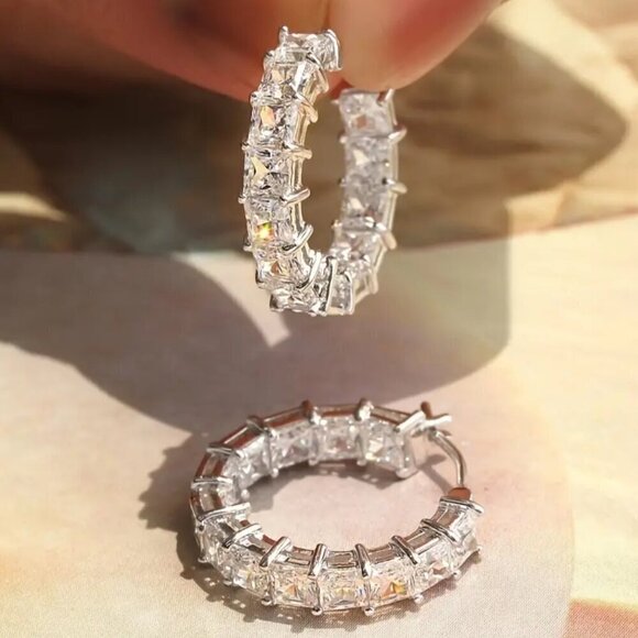 Huggie Small Hoop Earrings w/ Clear Princess Cut Stones and Tons of Bling #1424 - Picture 4 of 5